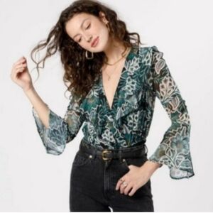 Band of the Free Bonnie Black Emerald Floral Long Flare Sleeve Boho Bodysuit S